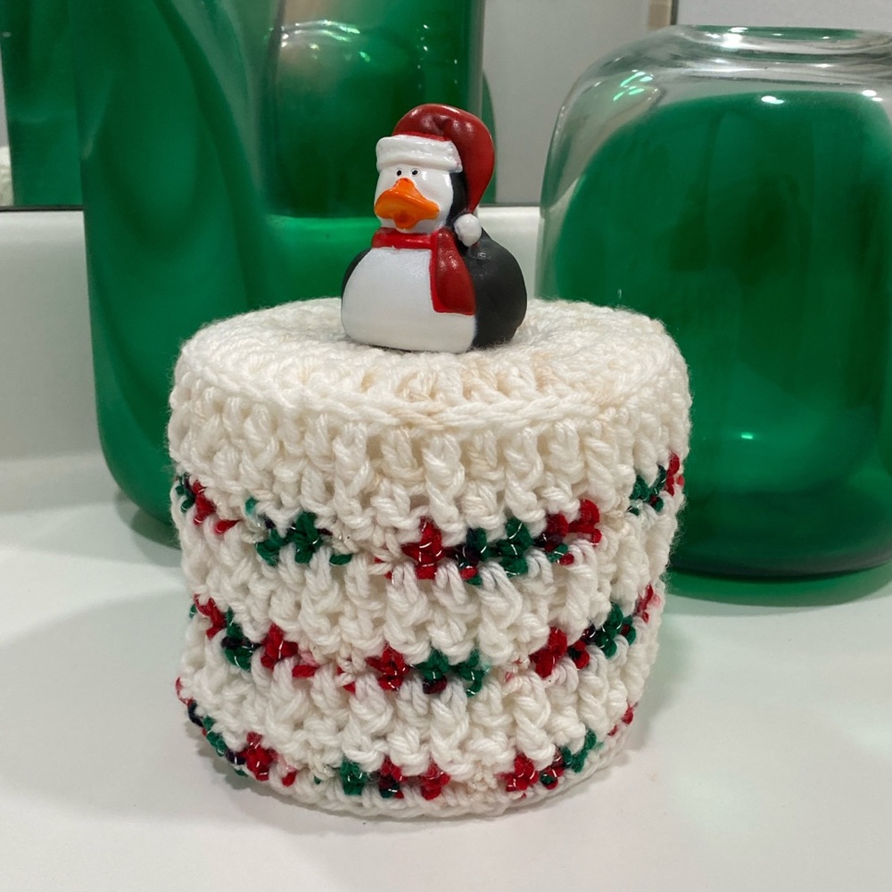Festive Penguin Toilet Paper Cover - White, Red, Green